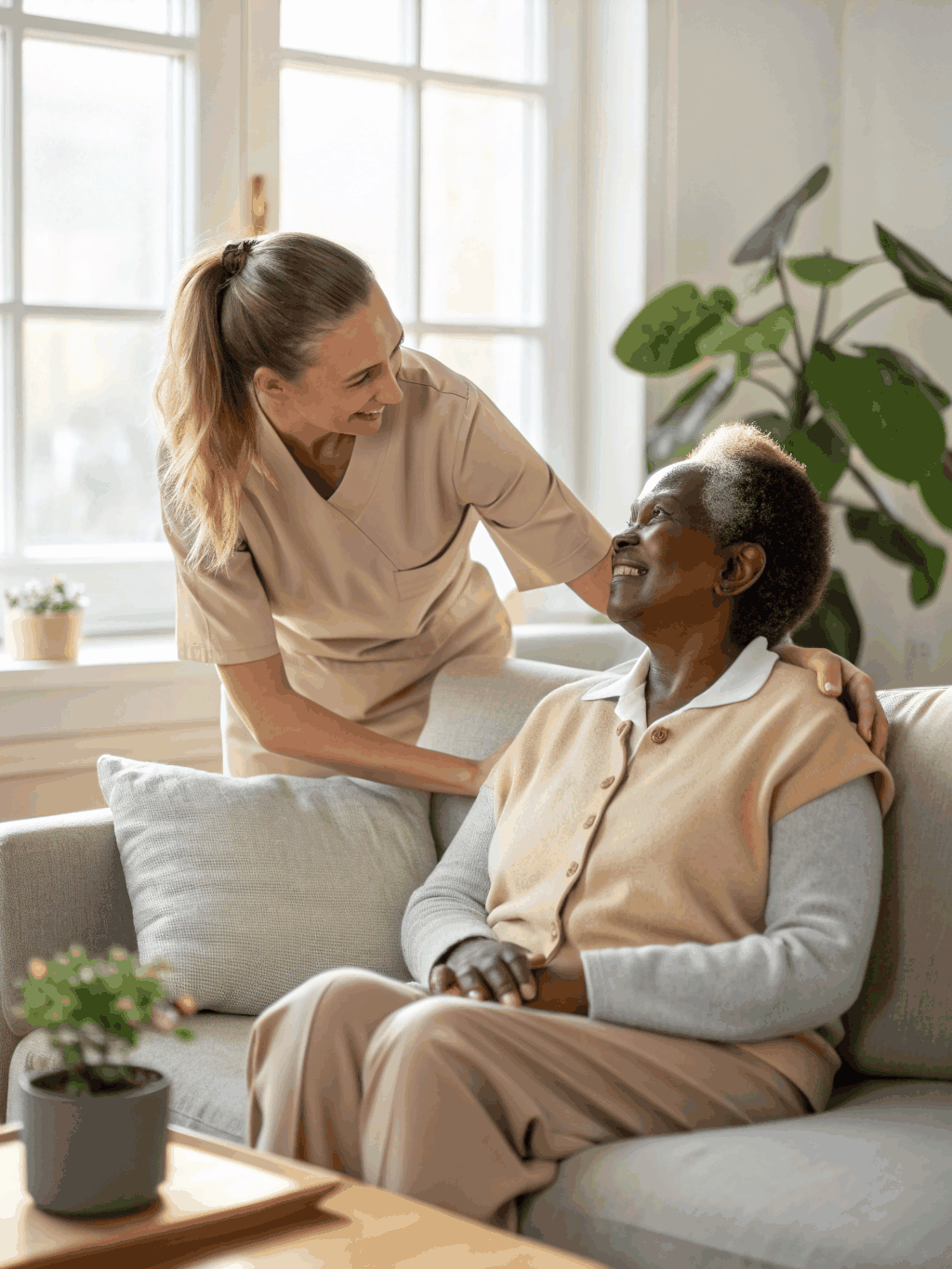 African American caregiver providing compassionate personal care assistance at home