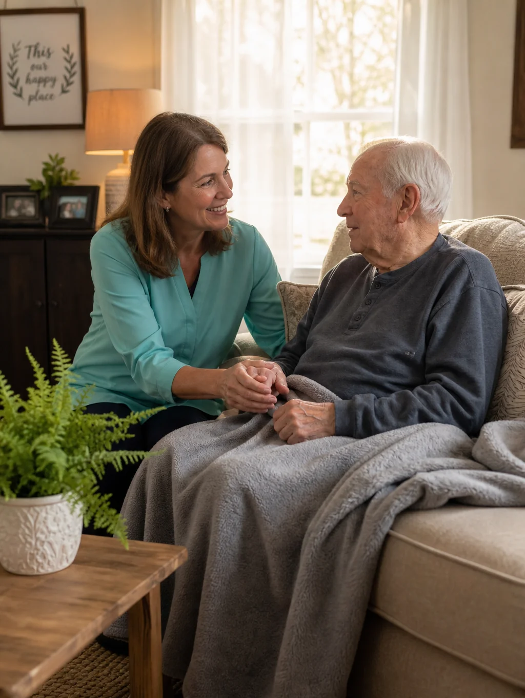 Professional caregiver providing compassionate support in a home setting