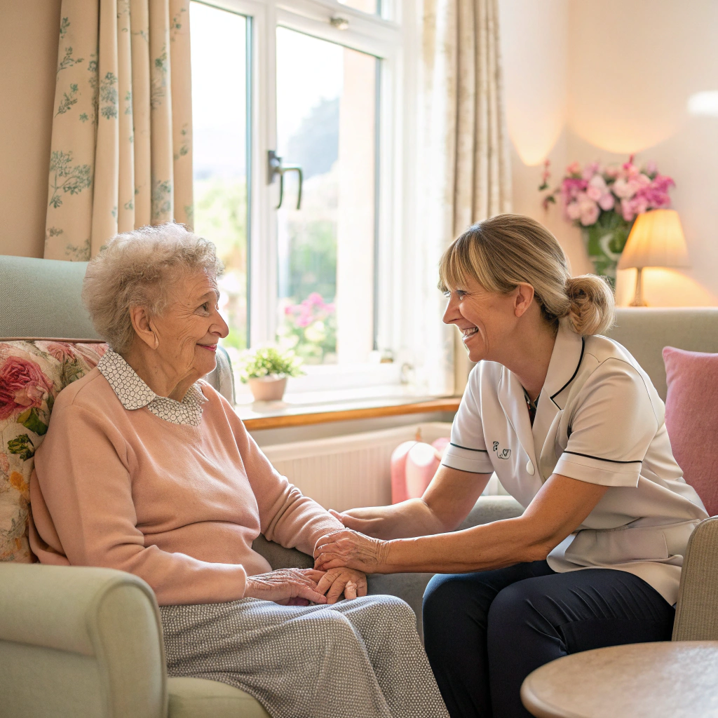 Caregiver and client sharing a warm conversation