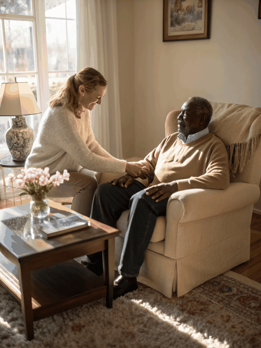 African American caregiver assisting a senior with warm, professional care in a bright living room