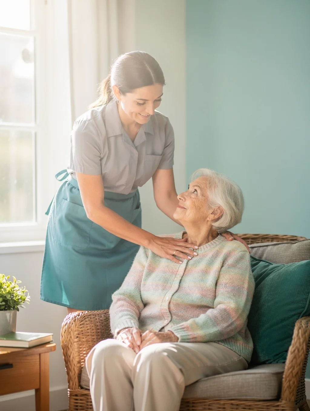 Caregiver assisting a client in a comfortable home setting