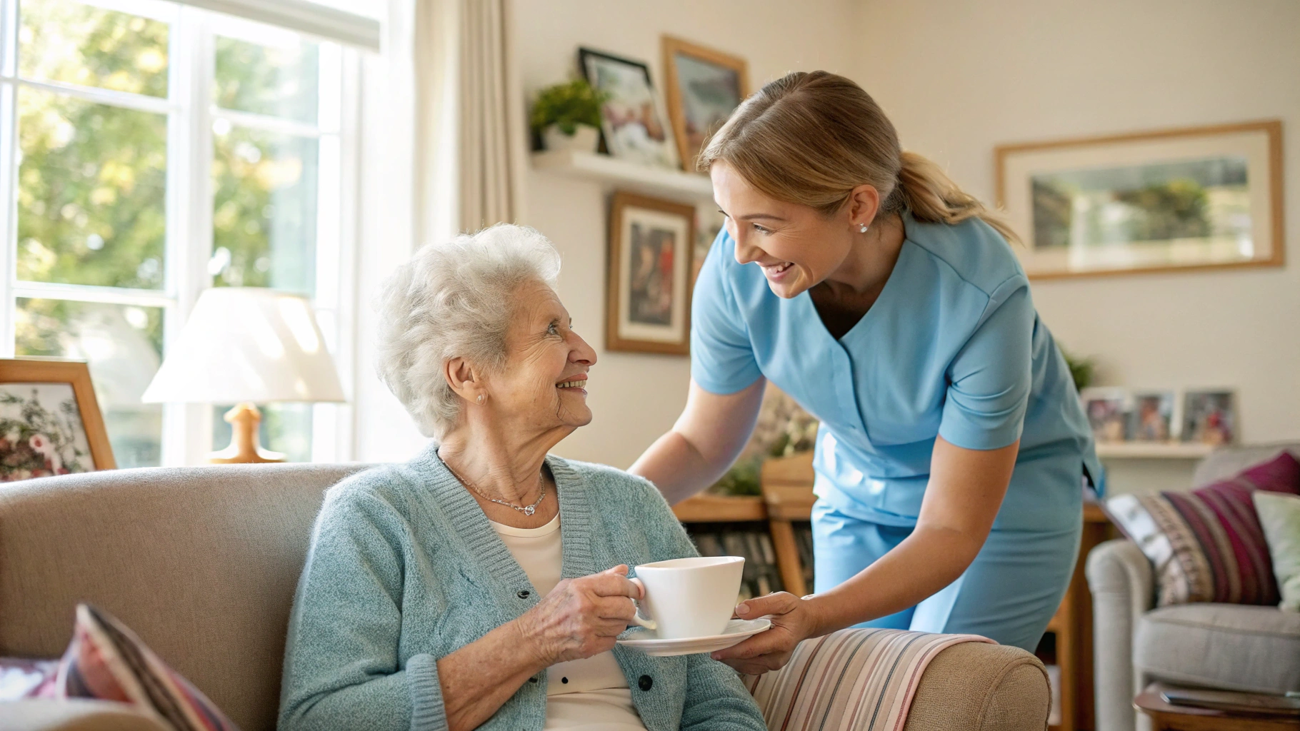 Professional caregiver providing compassionate support to a client in a home setting